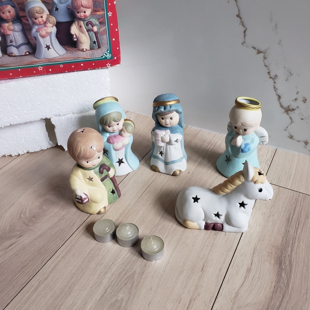 Porcelain Nativity Set Lighted 5pc Christmas Figures Pastel Children Retro W Box